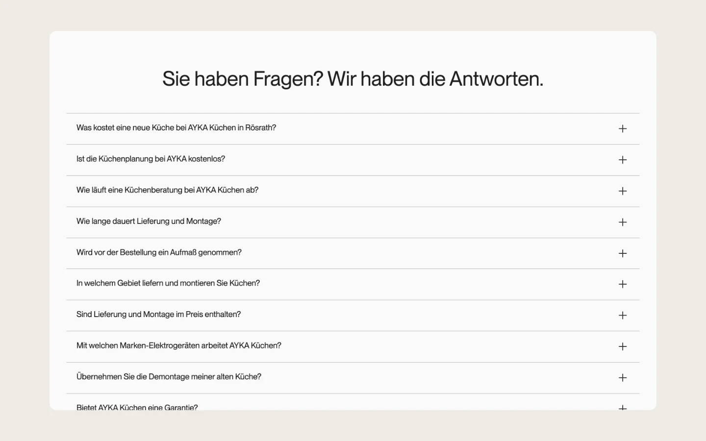 Bereich mit häufigen Fragen zu Planung, Lieferung und Montage
